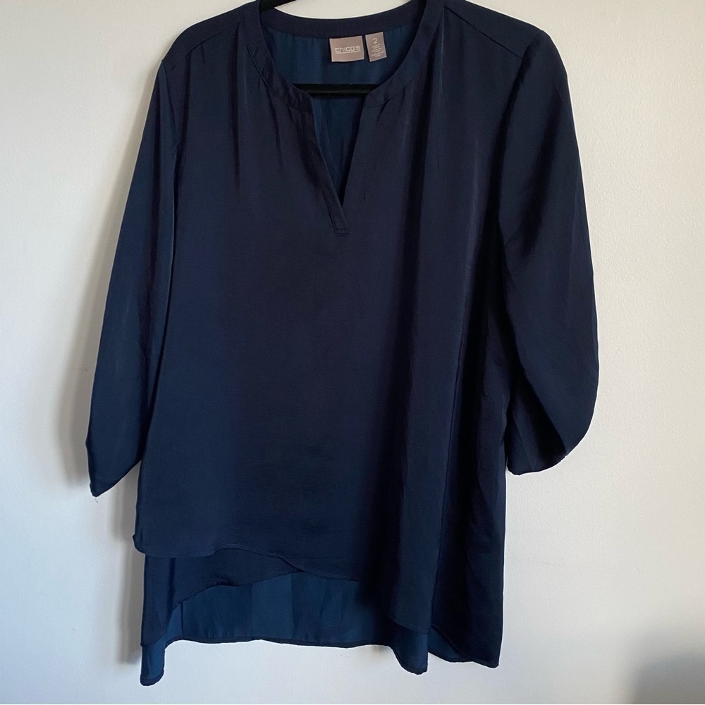 Chico’s Peasant V Neck Roll Sleeve Blouse Top • Navy Blue • 2 Large